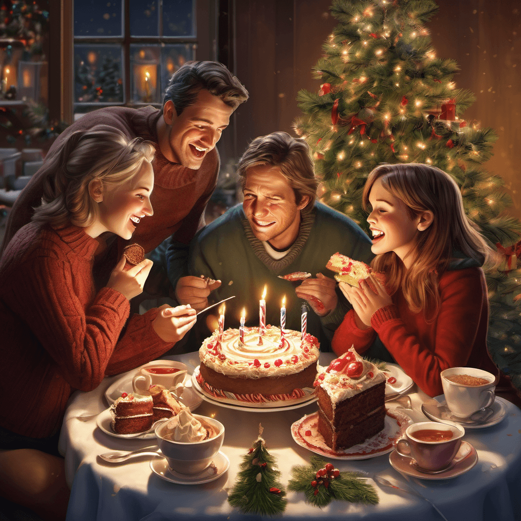 크리스마스 트리 아래에서 케이크를 먹는 사람들