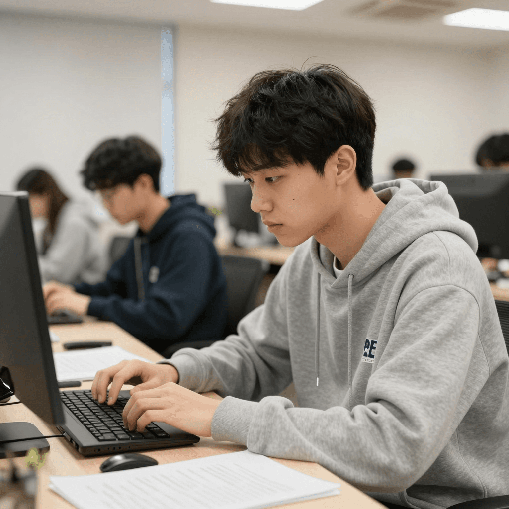 물을 마시며 코딩하는 대학생