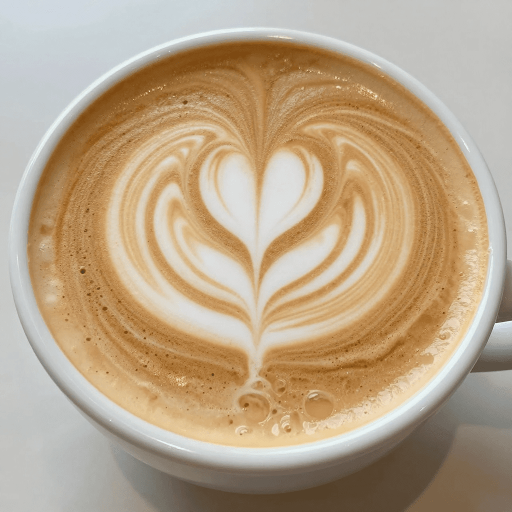 하트 모양 라떼 아트가 그려진 따뜻한 커피 한 잔