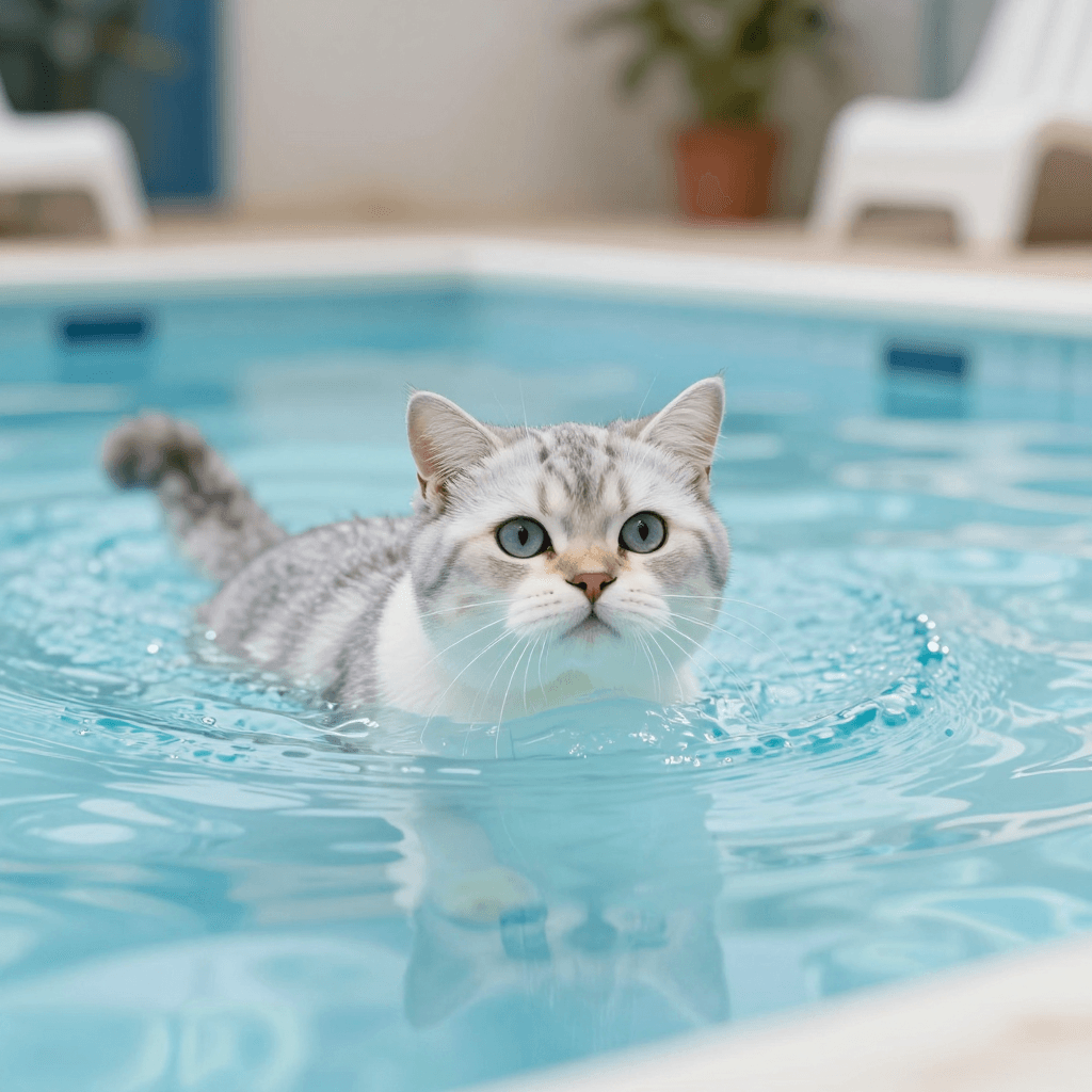 수영장에서 수영하는 고양이