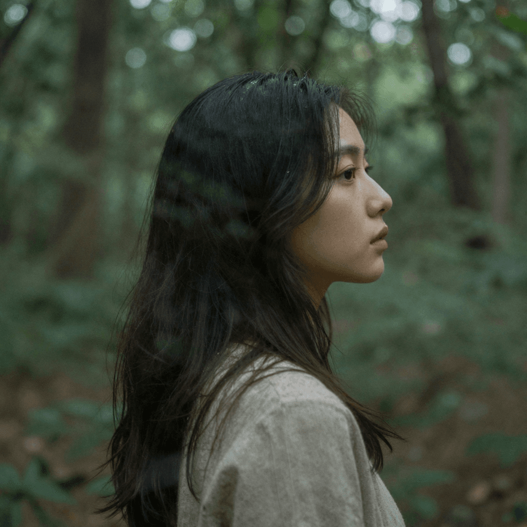 숲 풍경과 여인의 옆모습이 겹친 이중 노출 예술