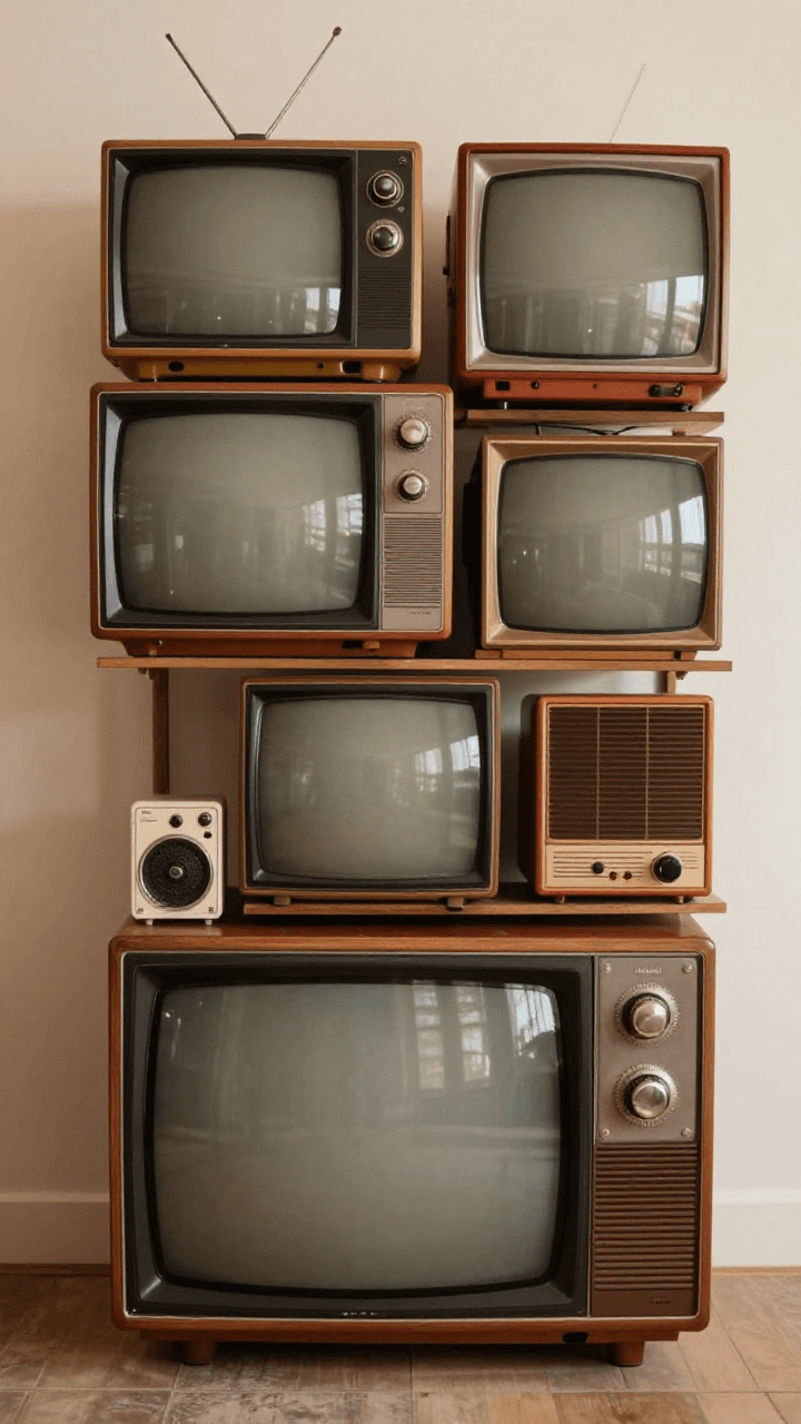 브라운관 TV들이 쌓여 있는 레트로 설치 미술