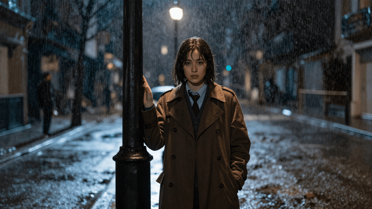 비 내리는 밤, 가로등 아래 서 있는 누아르 영화 탐정