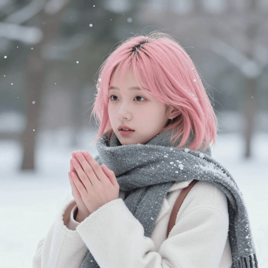 겨울에 눈을 맞는 핑크 머리 소녀