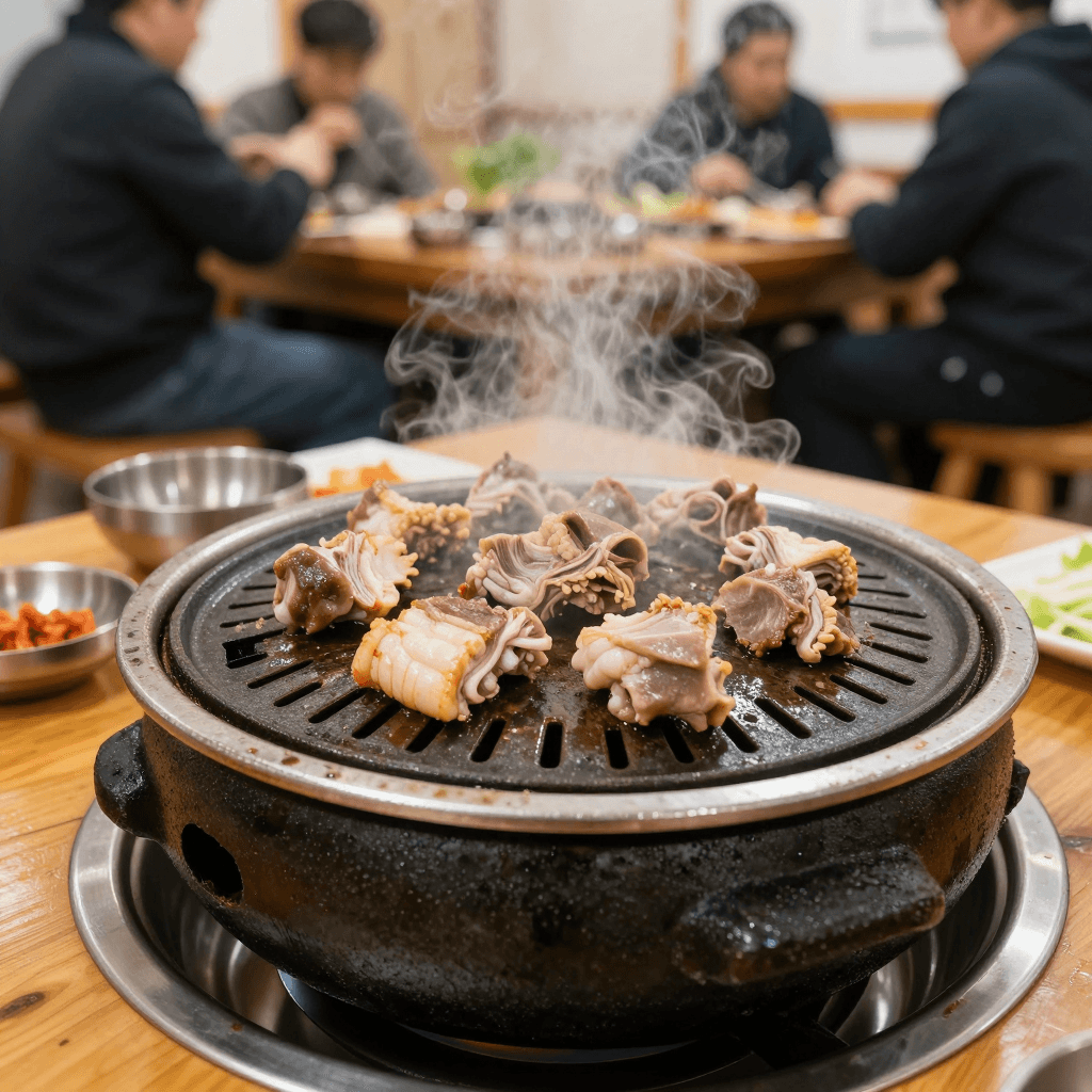 화로에 고기 구워먹는 사람들