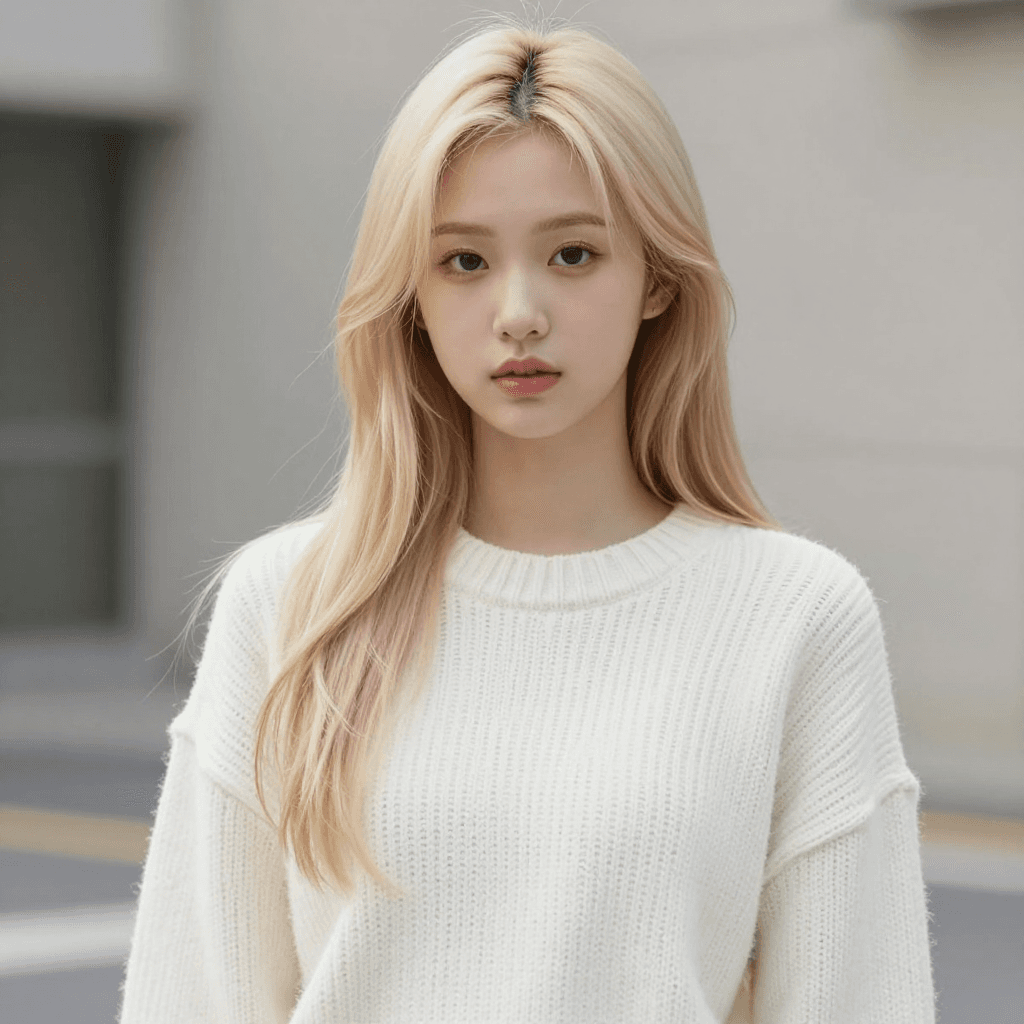 흰색 겨울 스웨터를 입은 금발 긴머리 소녀