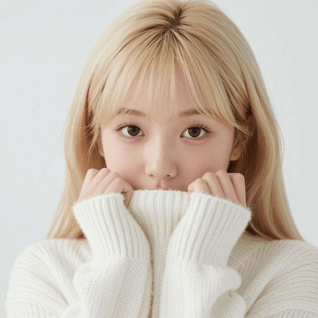 눈을 맞으며 흰색 겨울 스웨터를 입은 금발 긴머리 귀여운 소녀