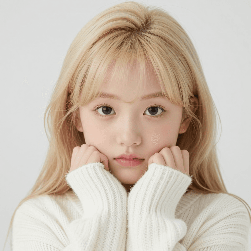 눈을 맞으며 흰색 겨울 스웨터를 입은 금발 긴머리 귀여운 소녀