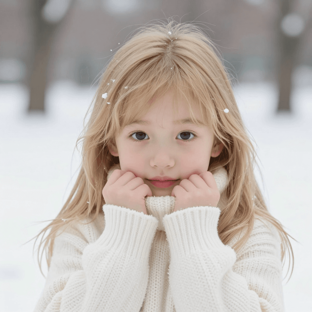 눈이 내리는 공원에서 흰색 겨울 스웨터를 입은 금발 긴머리 귀여운 소녀