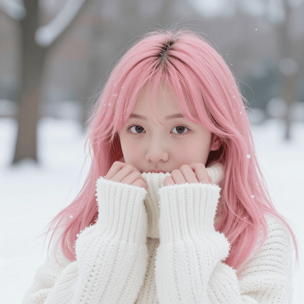 눈이 내리는 공원에서 흰색 겨울 스웨터를 입은 핑크 긴머리 소녀