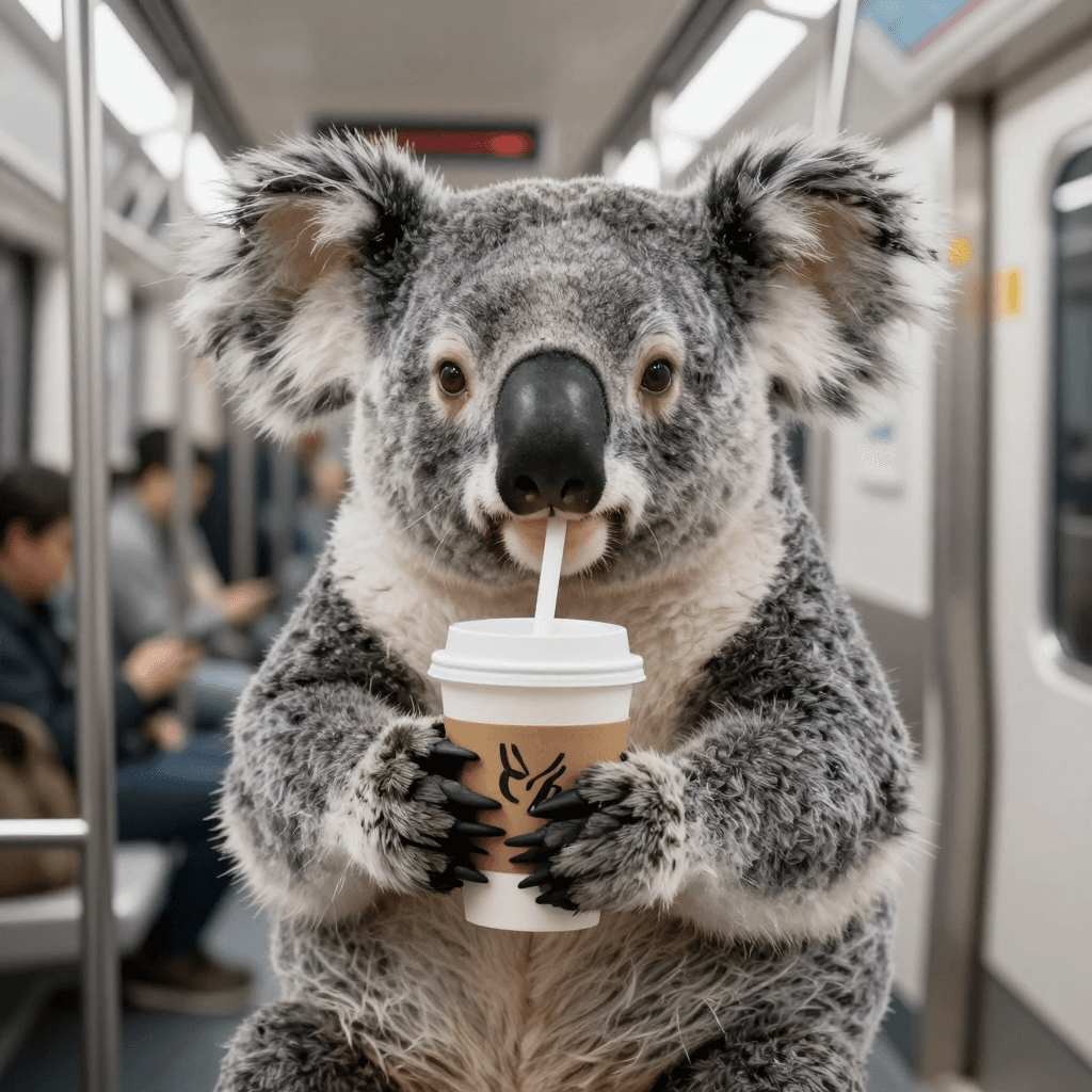 지하철에서 커피 먹는 코알라