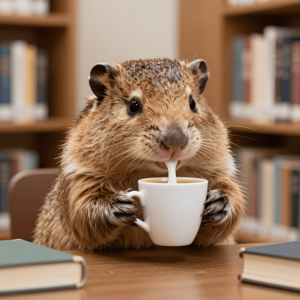 도서관에서 커피 먹는 햄스터