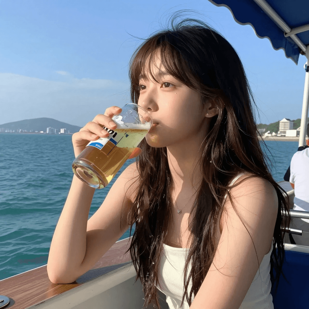 on the boat 맥주를 마시는 소녀