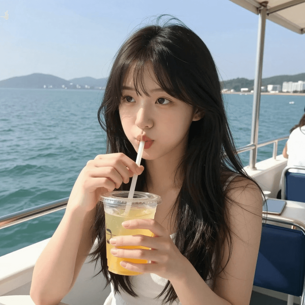 on the boat 주스를 마시는 소녀