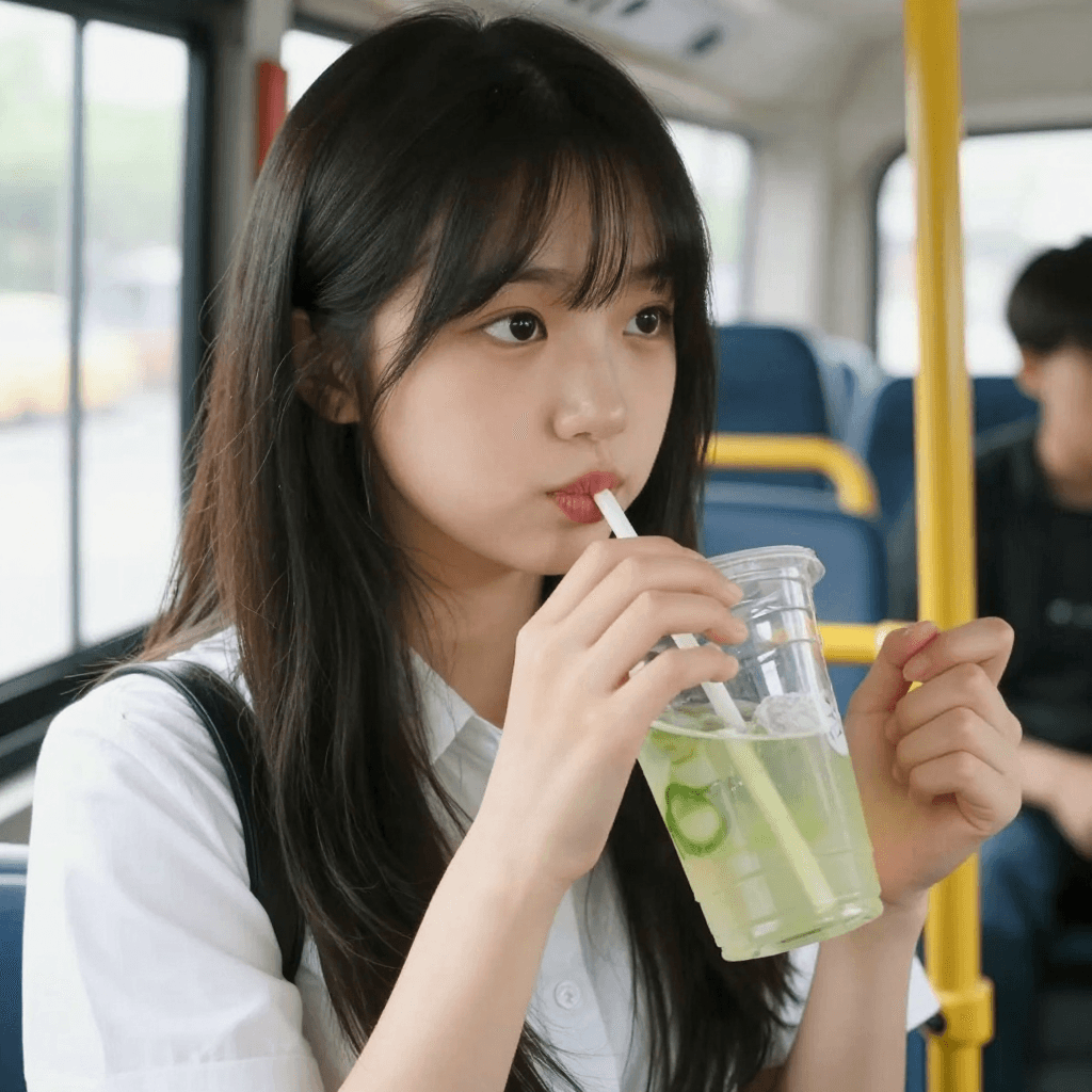 on the bus 주스를 마시는 소녀
