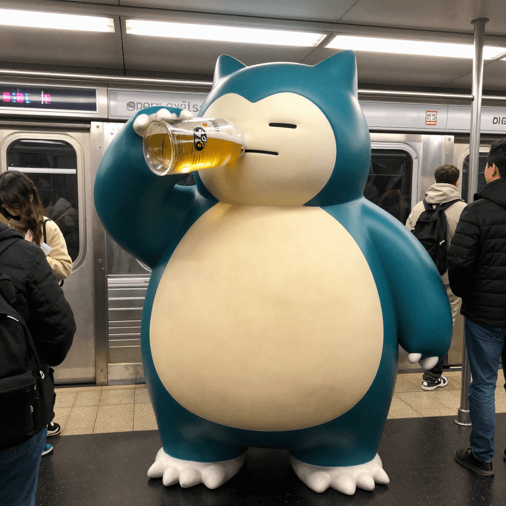snorlax drinking beer at subway. and many people see snorlax