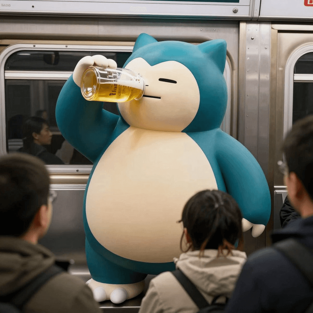 snorlax drinking beer at subway. and many people watch snorlax