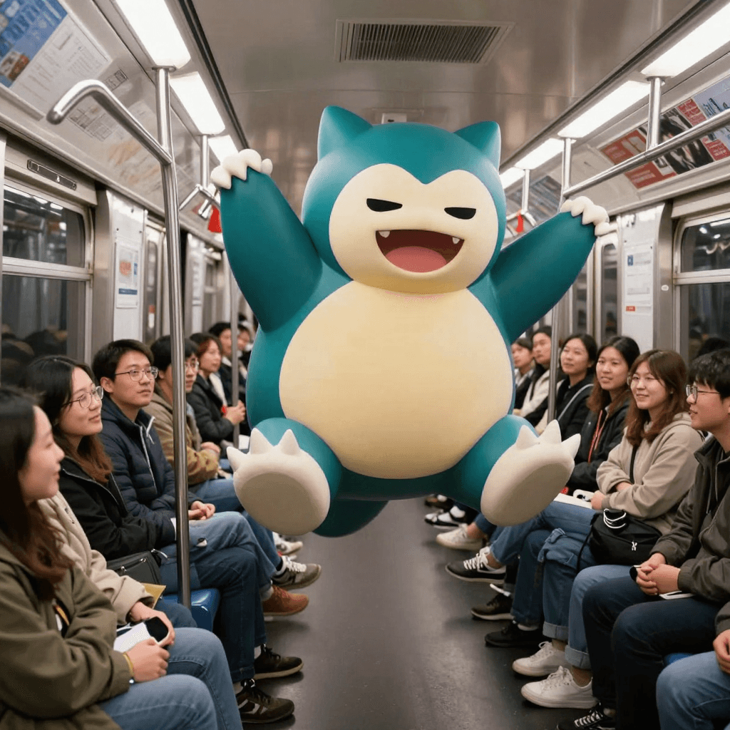 snorlax jumping at subway. and many people watch snorlax