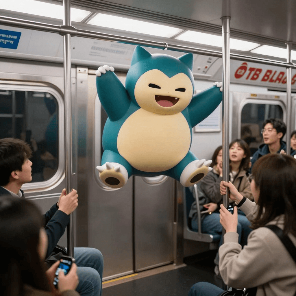 snorlax jumping at subway. and many people attack snorlax
