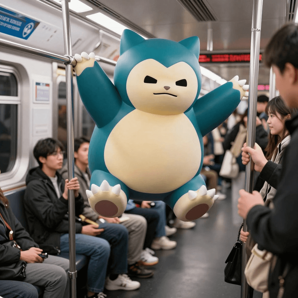 snorlax jumping at subway. and many people touch snorlax