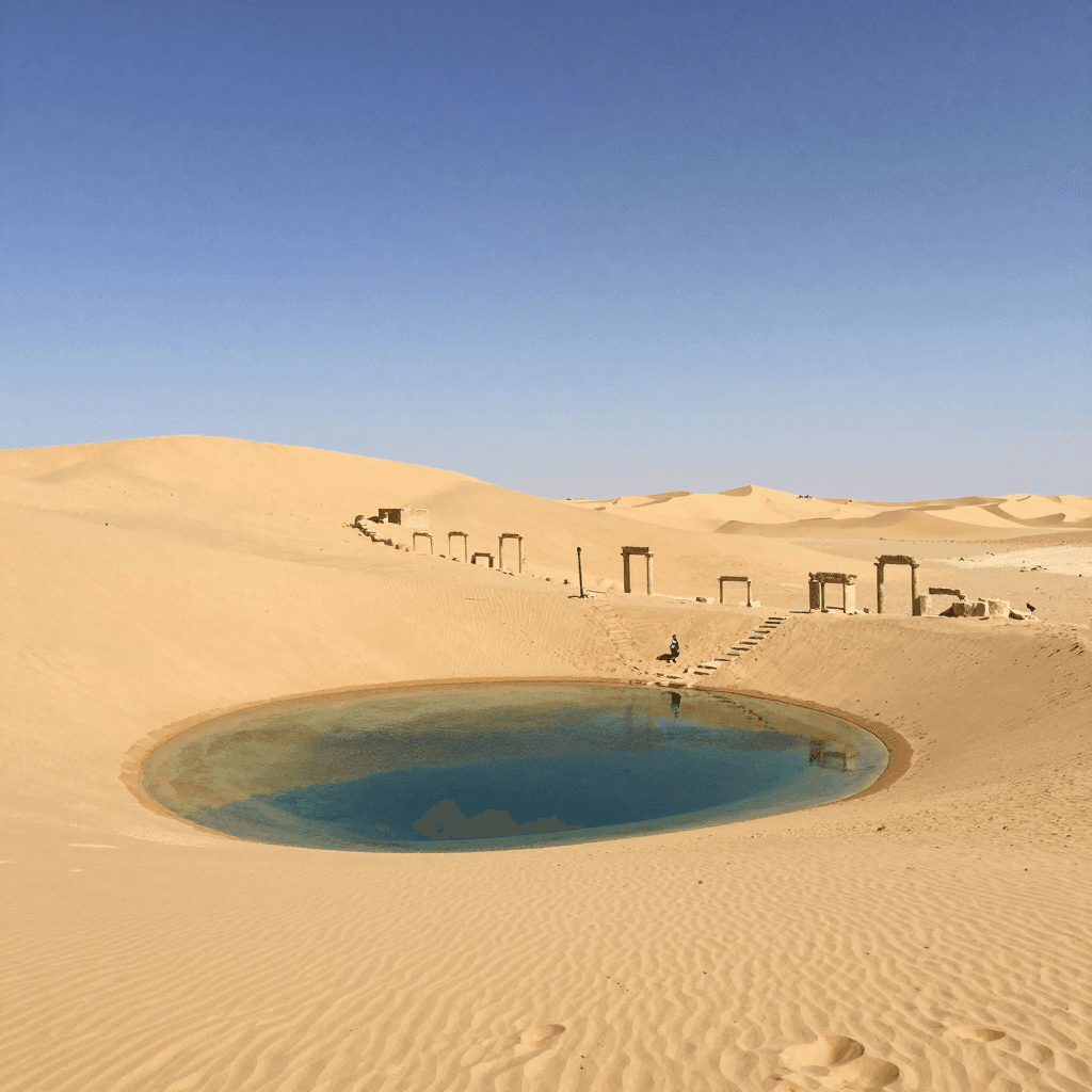 사막 한가운데 있는 오아시스와 고대 유적