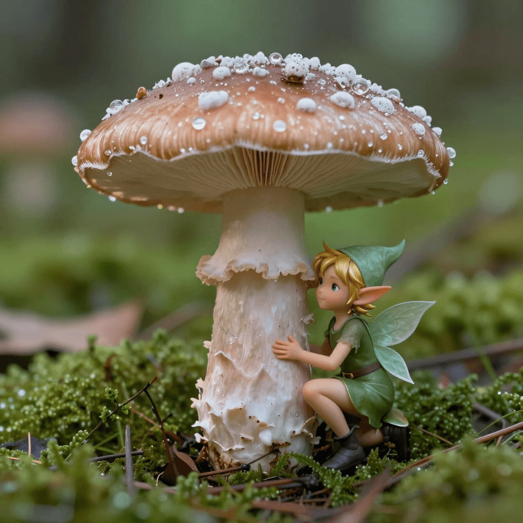 이슬 맺힌 버섯 위에 앉아 있는 작은 요정