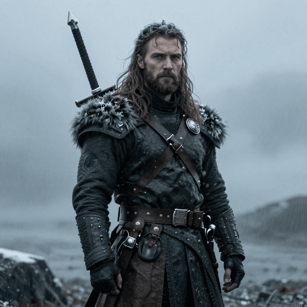 눈보라 속에 서 있는 바이킹 전사
