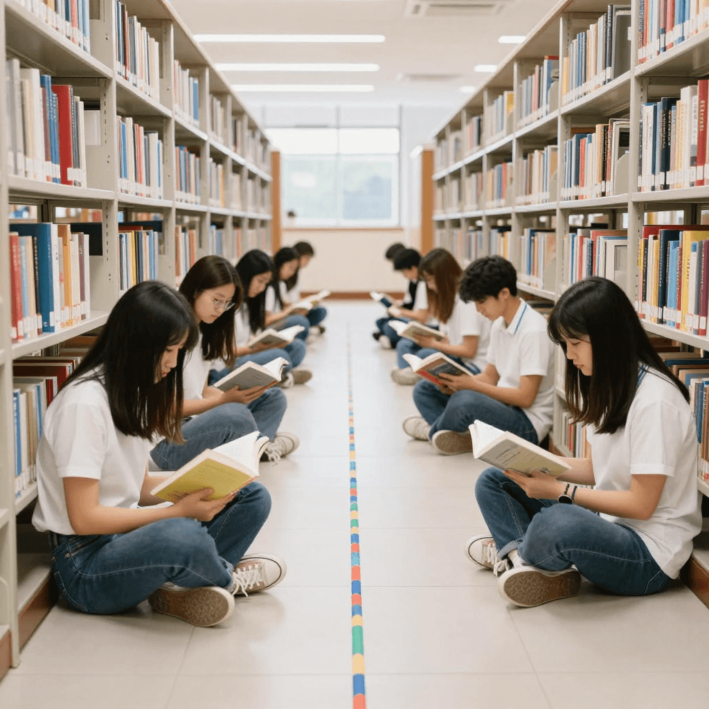 도서관 사다리에 앉아 책을 읽는 학생