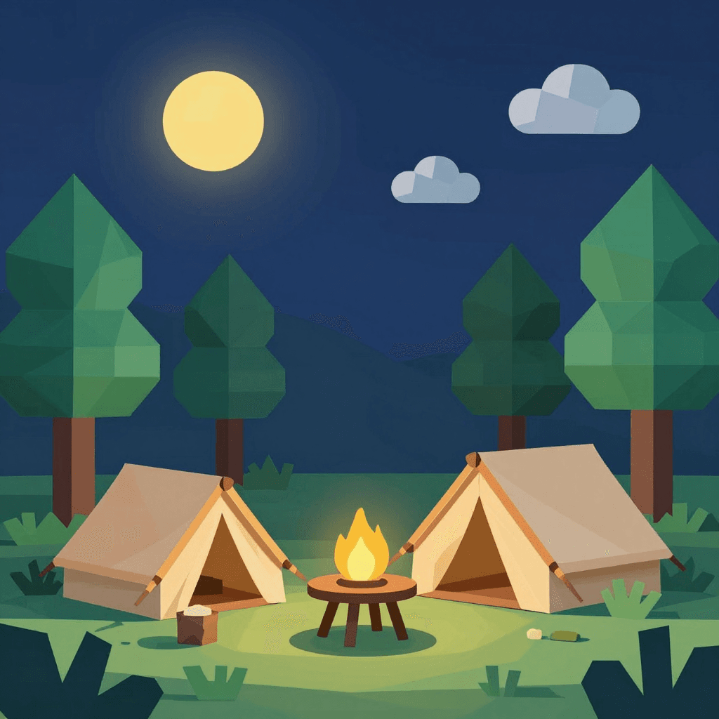 로우 폴리(Low Poly) 스타일의 밤 캠핑장