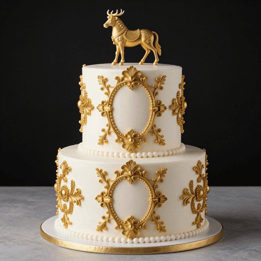 금박 장식이 올라간 화려한 로코코 스타일 케이크