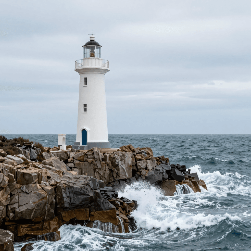 파도가 부서지는 절벽 위의 하얀 등대