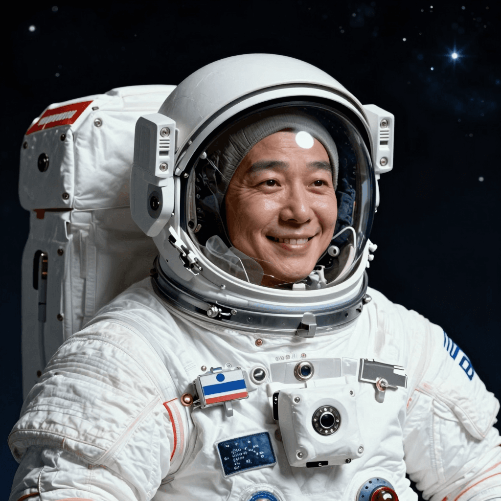 우주복 헬멧을 벗고 웃고 있는 우주비행사