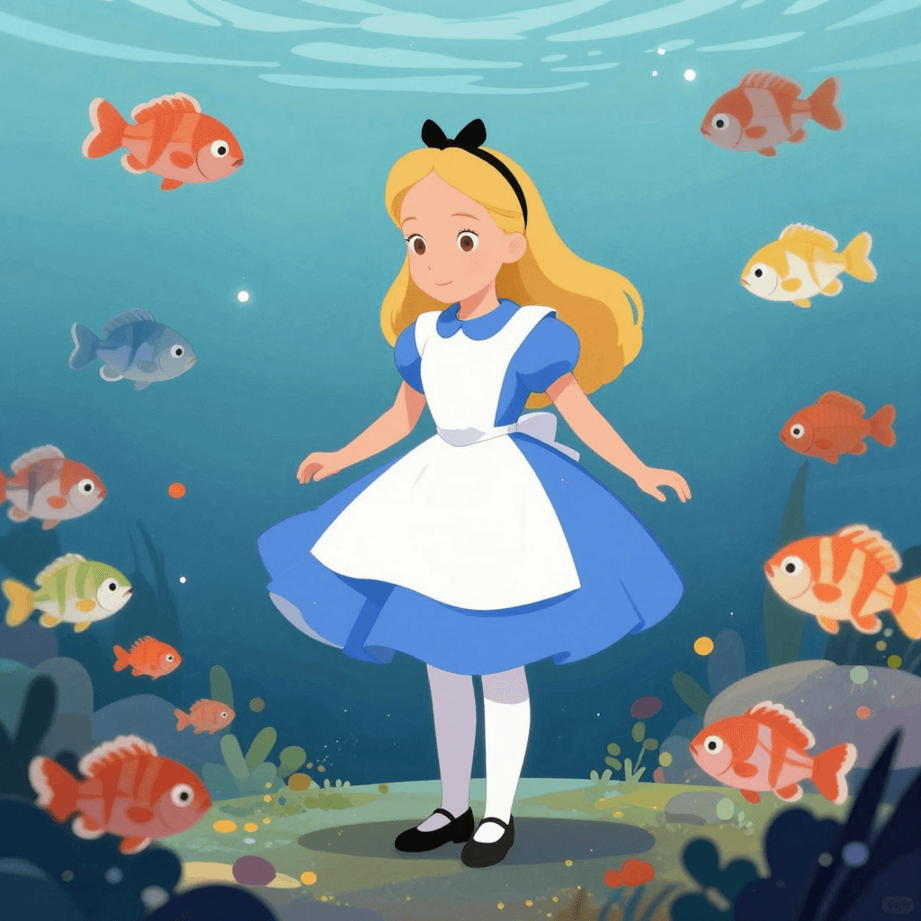 물고기들과 함께하는 앨리스 스타일의 수중 티타임