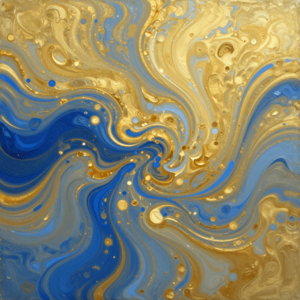 금색과 푸른색이 소용돌이치는 추상적인 플루이드 아트