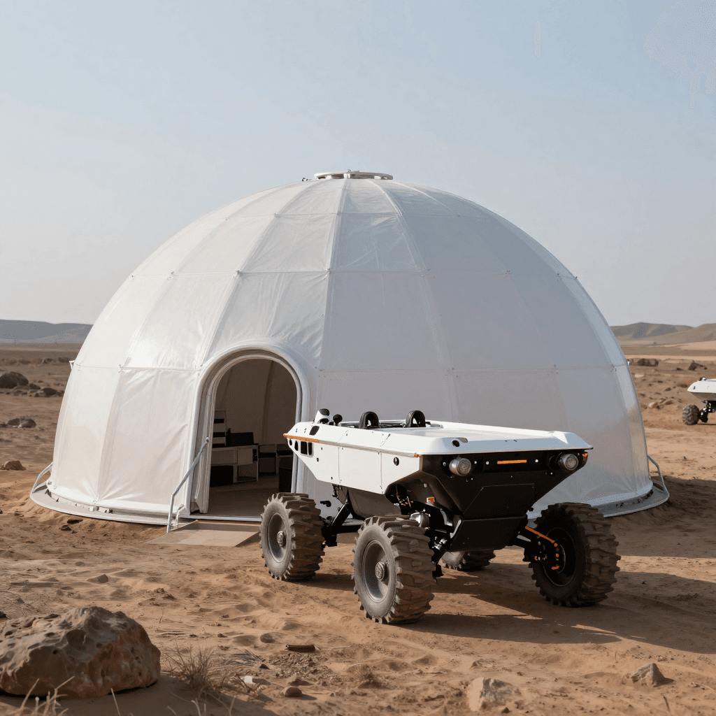 화성 식민지의 돔 형태 거주지와 로버