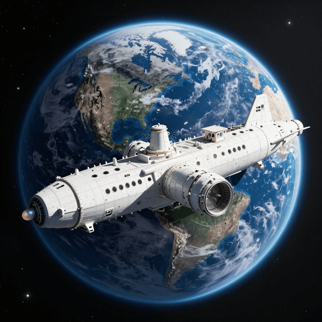 거대한 우주선이 지구 궤도에 정박해 있는 모습
