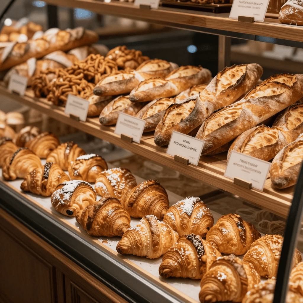 갓 구워낸 바게트와 크루아상이 진열된 빵집