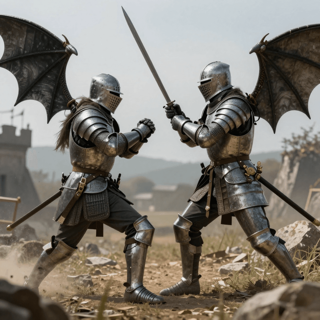 드래곤과 싸우는 중세 기사의 서사적 전투