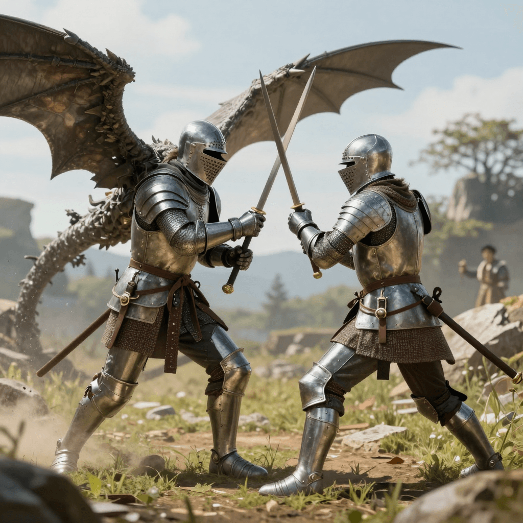 드래곤과 싸우는 중세 기사의 서사적 전투