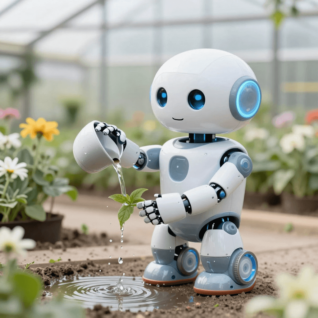 온실에서 화분에 물을 주는 귀여운 로봇