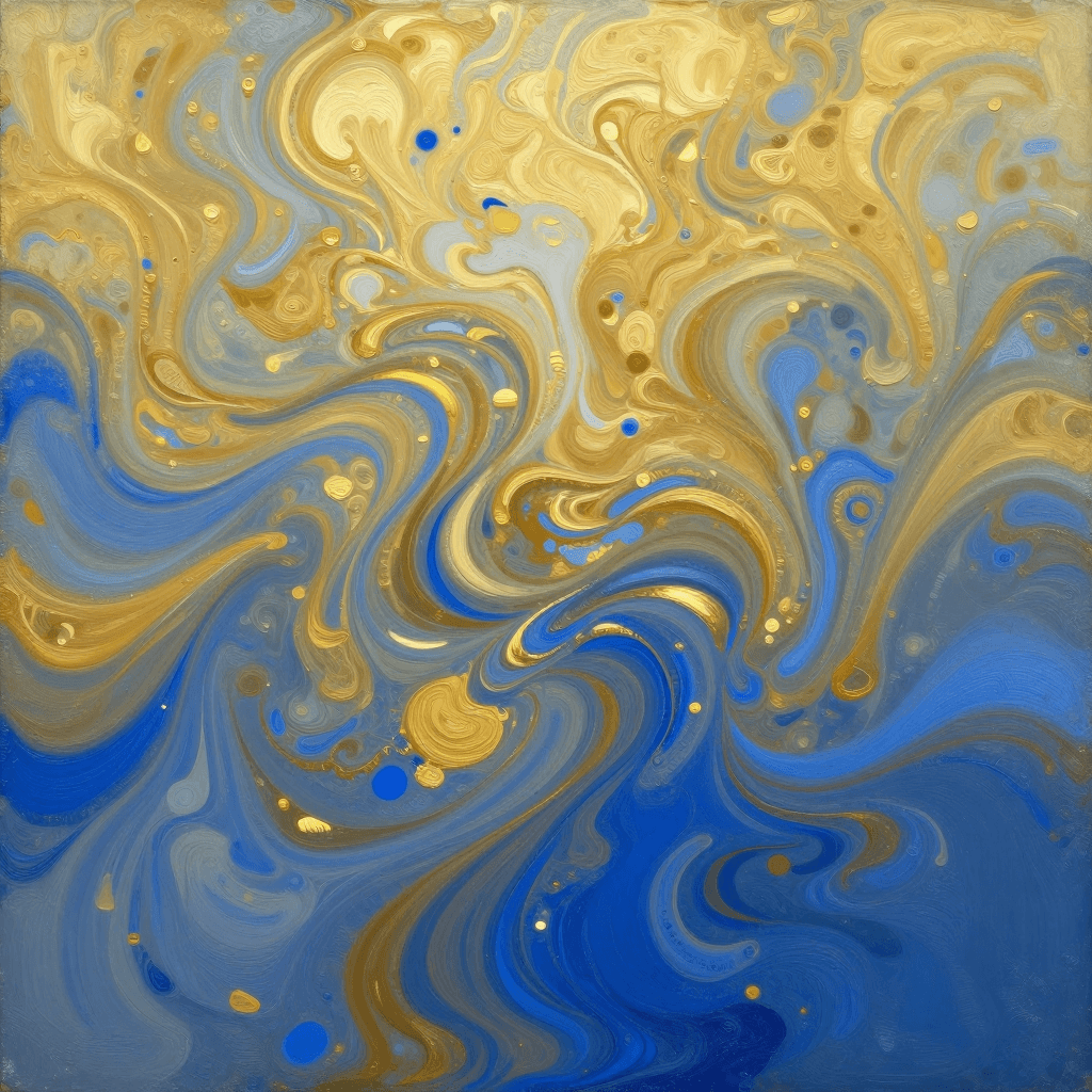 금색과 푸른색이 소용돌이치는 추상적인 플루이드 아트
