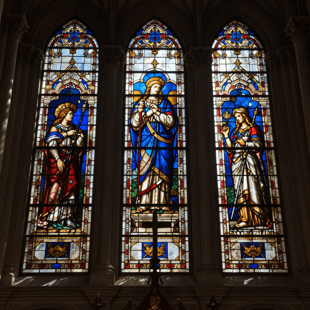 성당의 화려한 스테인드글라스 빛 그림자