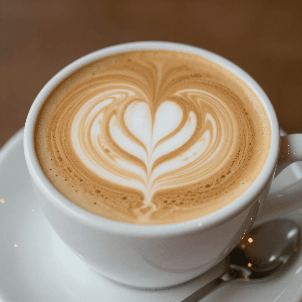 하트 모양 라떼 아트가 그려진 따뜻한 커피 한 잔