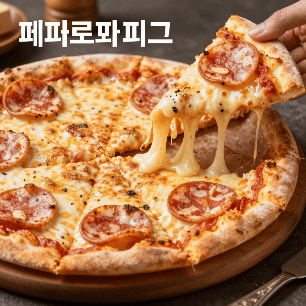 치즈가 길게 늘어나는 페퍼로니 피자 광고 사진