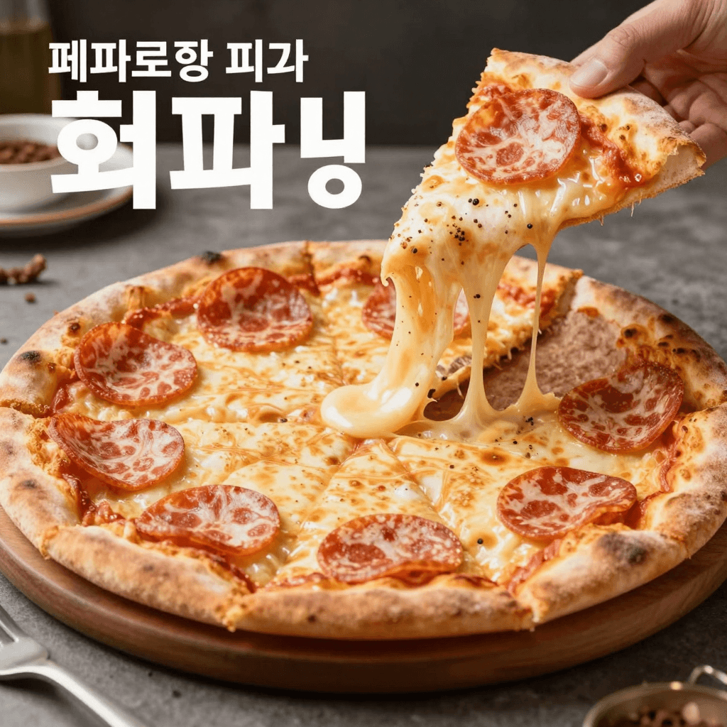 치즈가 길게 늘어나는 페퍼로니 피자 광고 사진