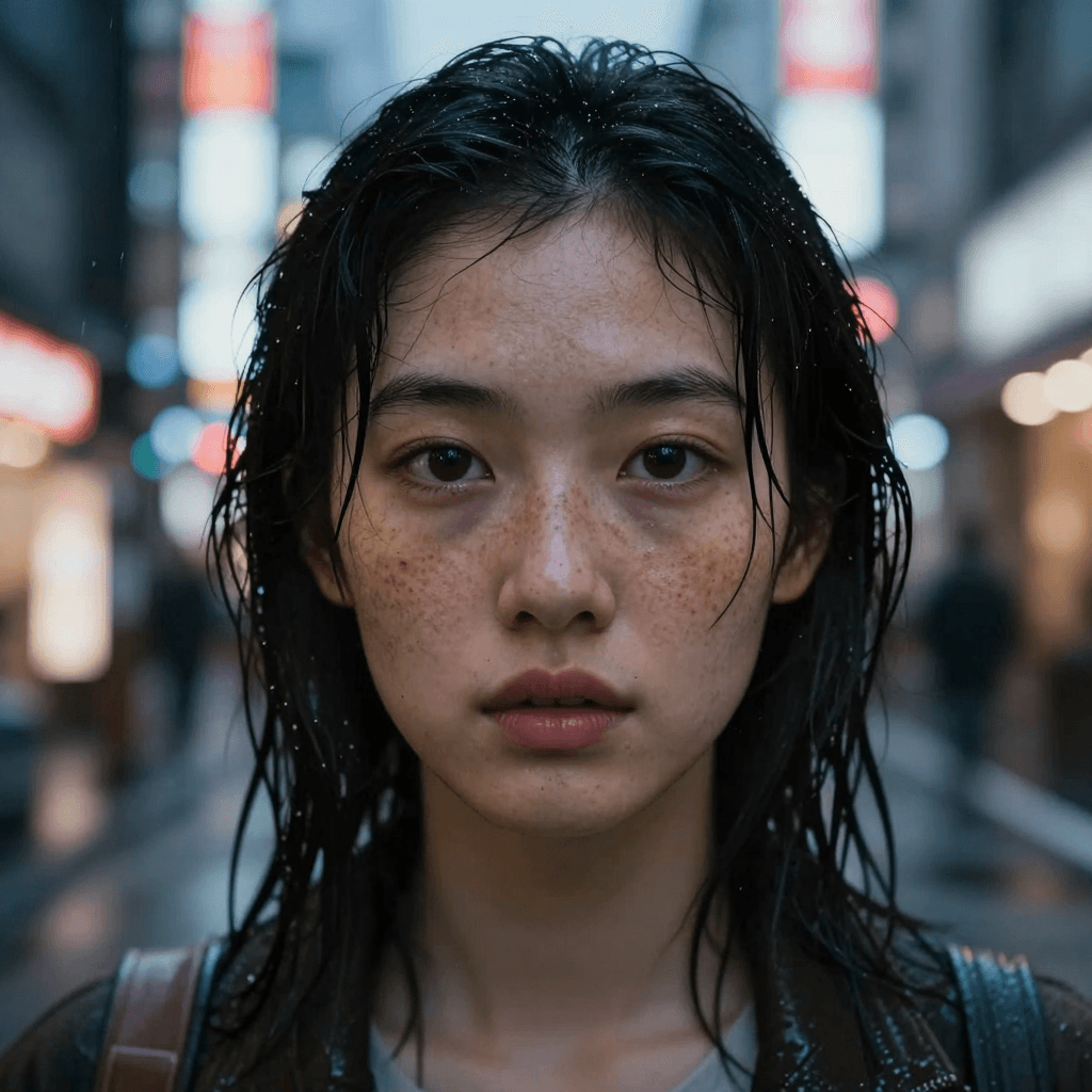 A hyper-realistic close-up portrait of a young woman with freckles, standing on a rainy street in Tokyo at night. Neon signs reflecting in her eyes, wet hair, cinematic lighting, bokeh background, shot on Sony A7R IV, 85mm lens, f/1.8, highly detailed skin texture, emotional expression, 8k resolution.