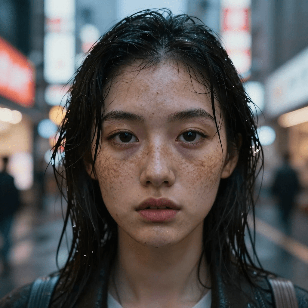 A hyper-realistic close-up portrait of a young woman with freckles, standing on a rainy street in Tokyo at night. Neon signs reflecting in her eyes, wet hair, cinematic lighting, bokeh background, shot on Sony A7R IV, 85mm lens, f/1.8, highly detailed skin texture, emotional expression, 8k resolution.