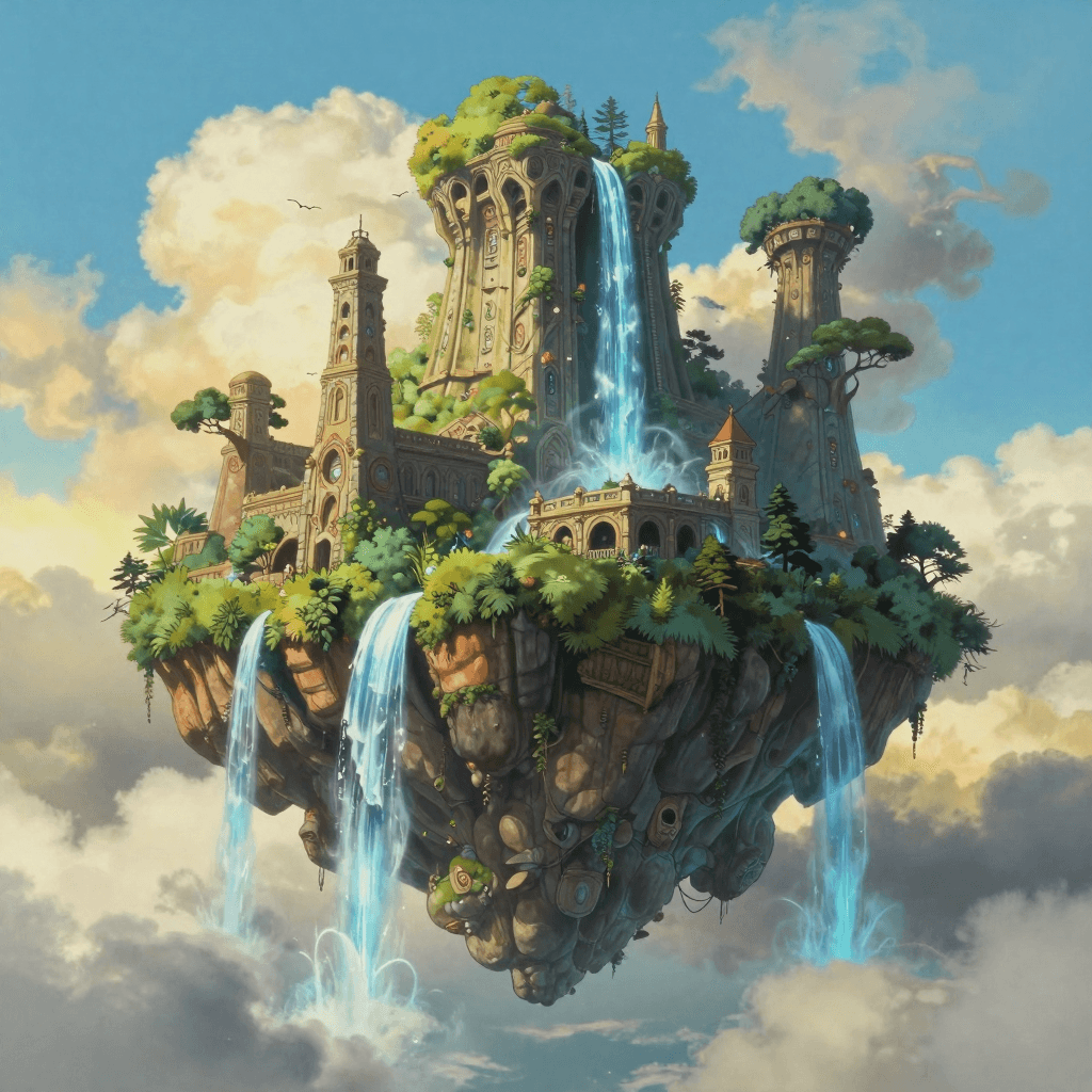 A majestic floating island in the sky, overgrown with lush ancient ruins and glowing blue waterfalls. Dreamy atmosphere, soft golden hour sunlight, volumetric clouds, Studio Ghibli inspired, intricate details, matte painting, trending on ArtStation, 4k, fantasy concept art, masterpiece.