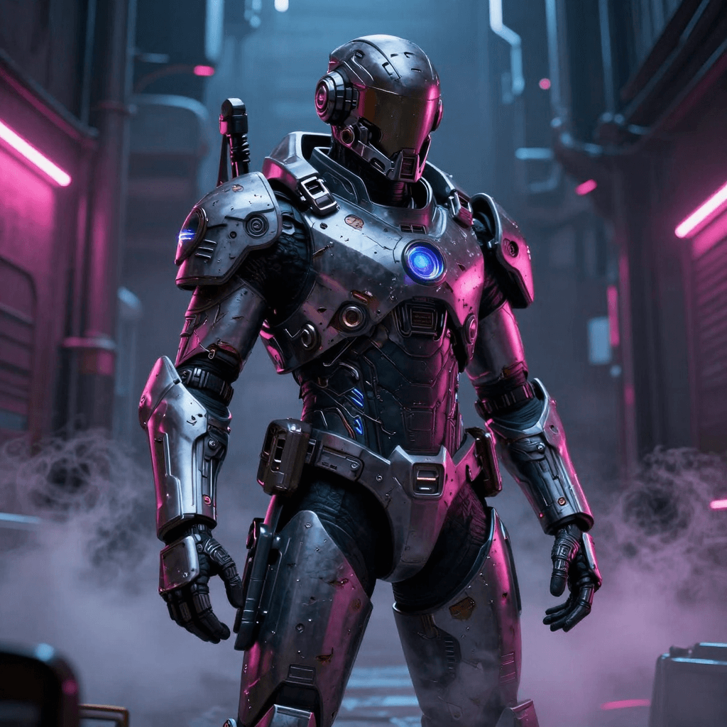 A futuristic cyberpunk mercenary wearing damaged high-tech armor, standing in a dark alleyway with steam rising. Neon pink and blue lighting, volumetric fog, intricate mechanical details, Unreal Engine 5 render, Octane render, dystopian atmosphere, cinematic composition, sharp focus.
