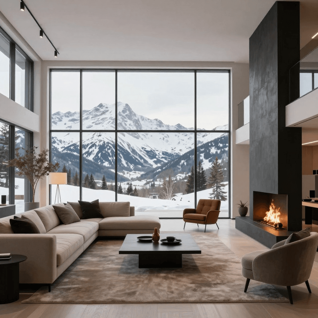 A luxurious modern living room with floor-to-ceiling windows overlooking a snowy mountain range. Minimalist furniture, warm fireplace, cozy atmosphere, interior design photography, Architectural Digest style, photorealistic, 8k, natural light, symmetrical composition.